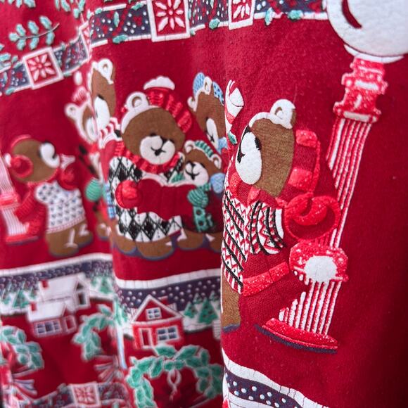 VTG 80s Spumoni Christmas Caroling Teddy Bear Puff Print Sweatshirt Collar M - Picture 3 of 9
